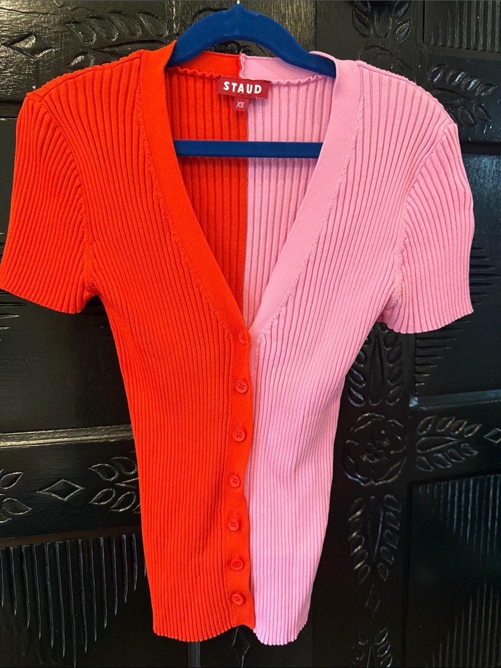 STAUD Two-Tone Ribbed V-Neck Cardigan — Red & Pink